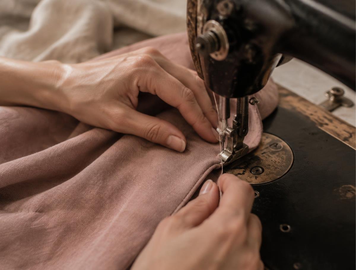 Mãos costurando tecido rosa em máquina antiga