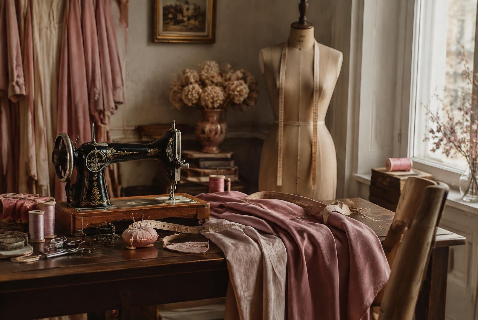 Ateliê de costura com máquina antiga, tecidos rosa e manequim